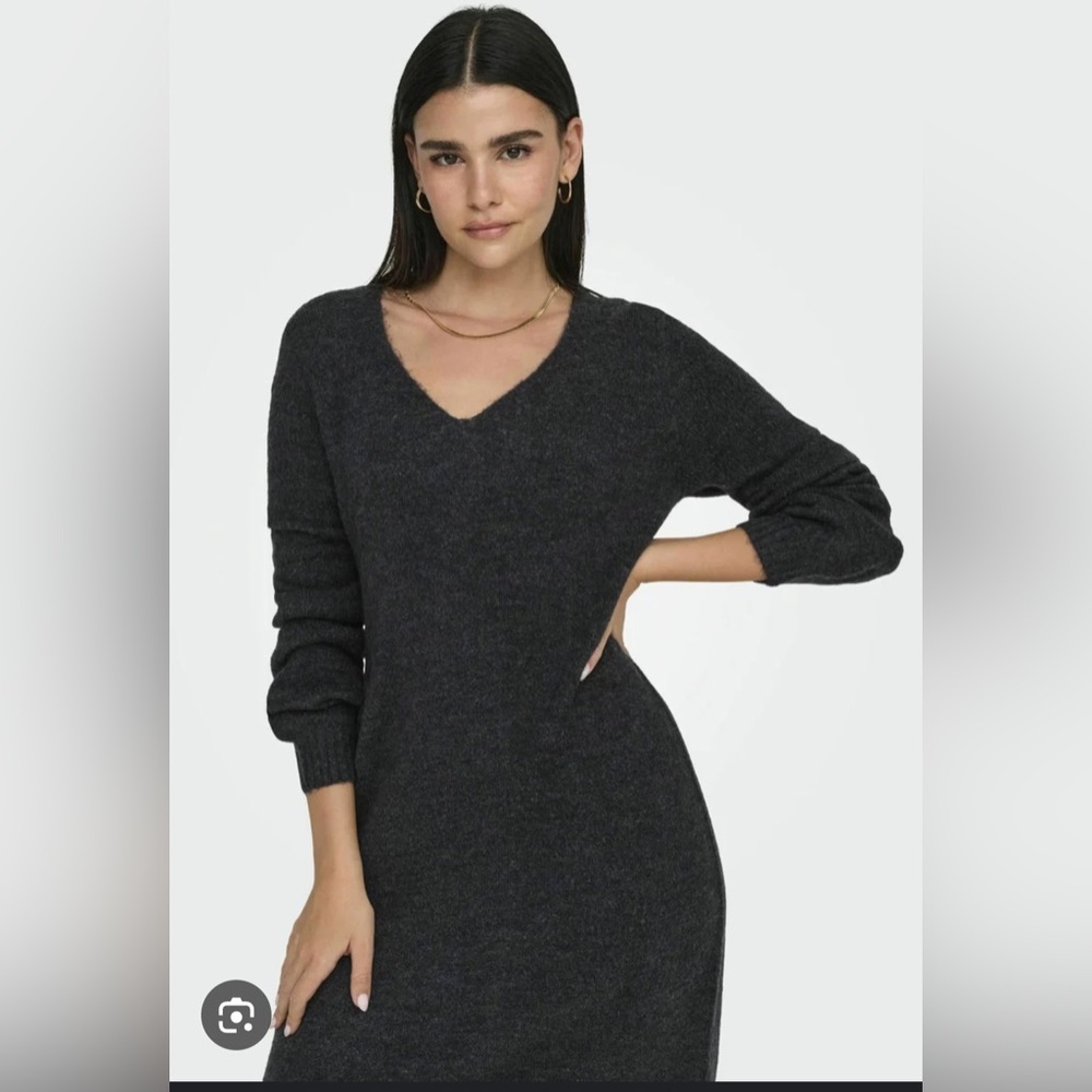 Elegant Dark Gray V-Neck Sweater Dress for‎ Women